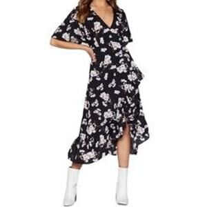 Lucy Wang Black & White Floral Print Wrap Dress sz S